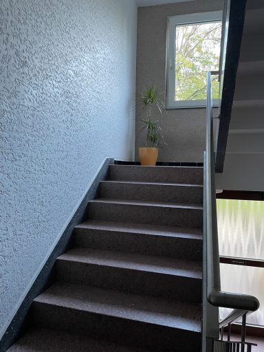 Treppenhaus Treppenaufgang mit einem Topf Pflanzen neben einem Fenster.
